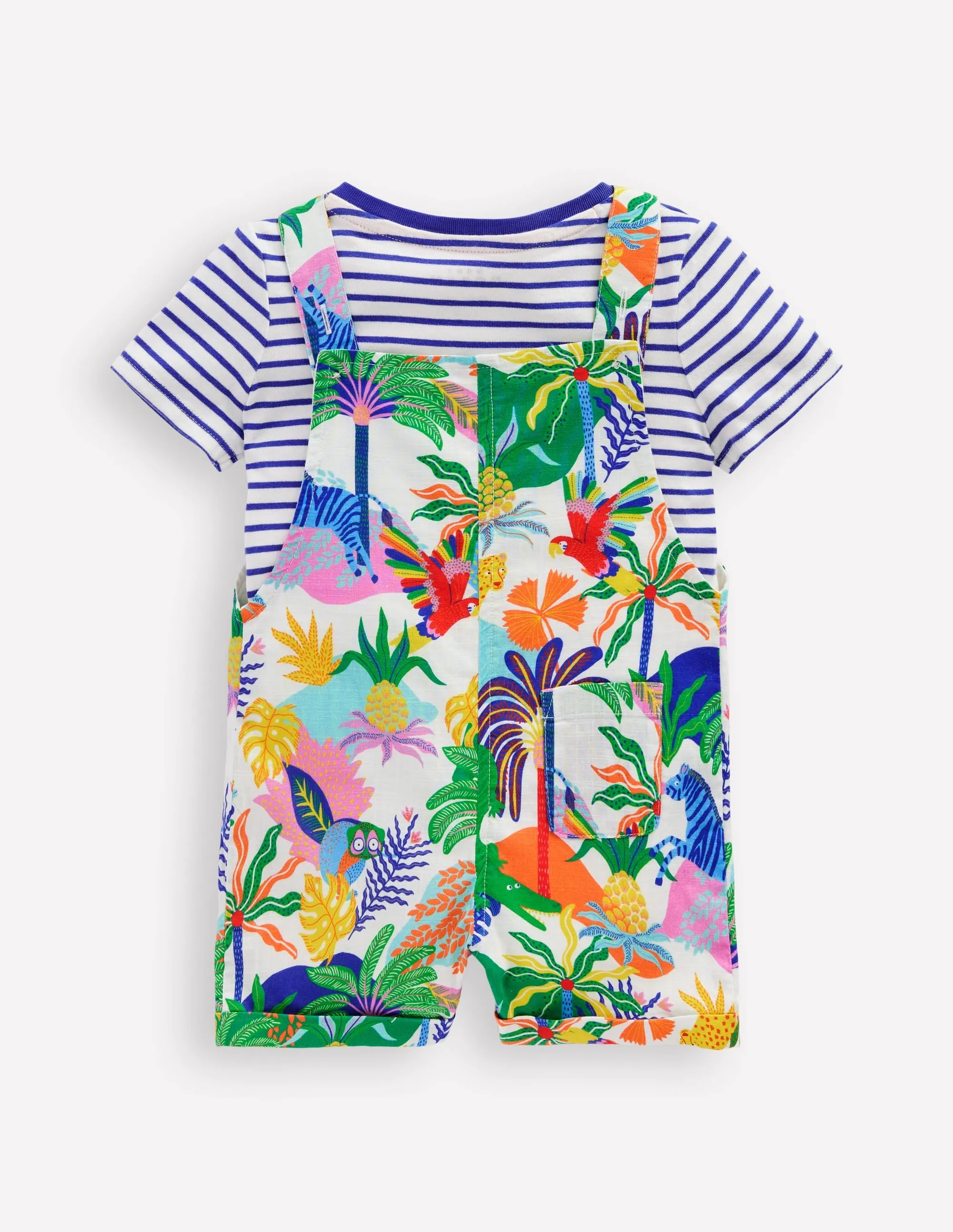 Button Dungaree Set-Coconutmilk Multi Jungle