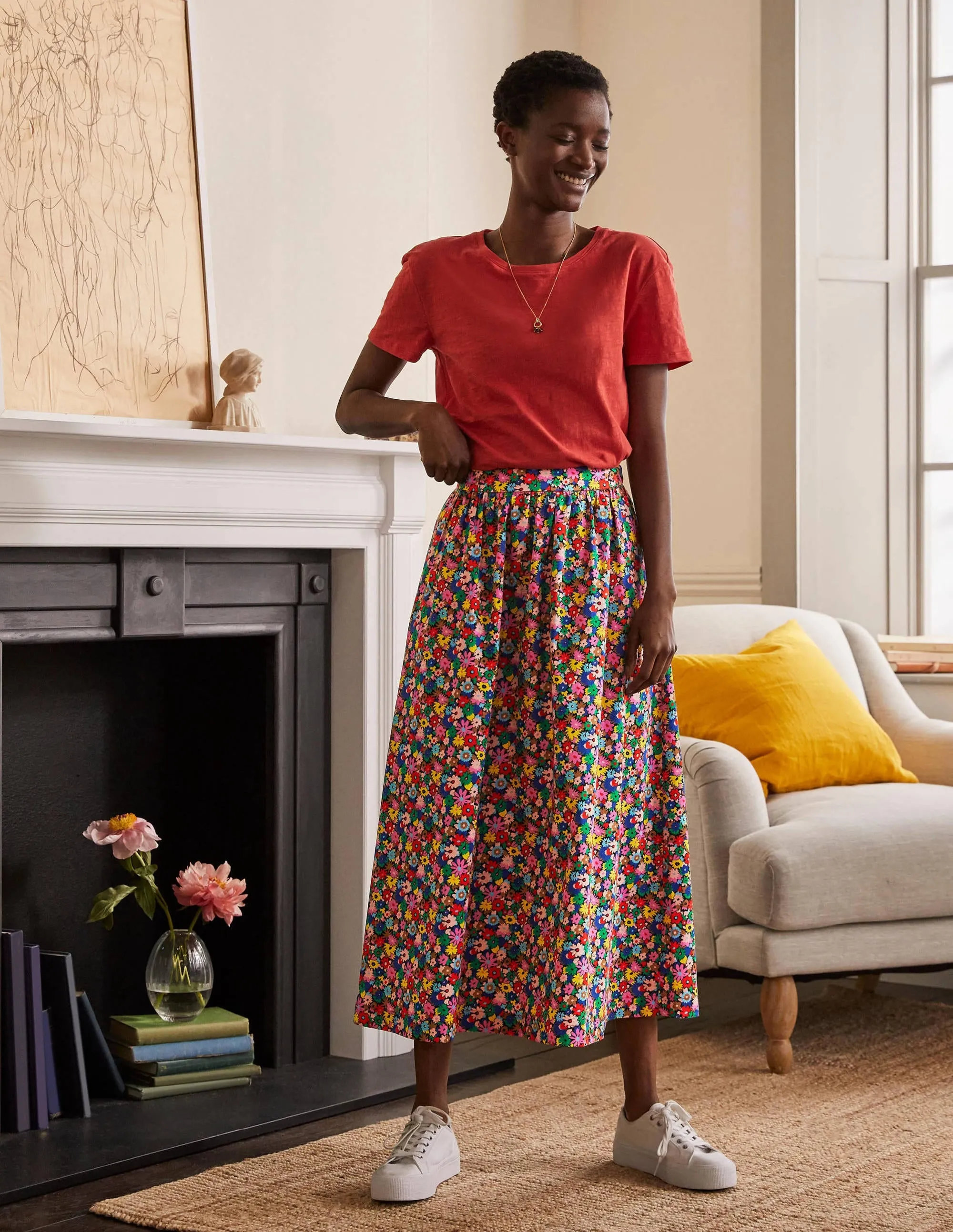 Cotton Sateen Skirt-Cherry Red, Paintbox Ditsy