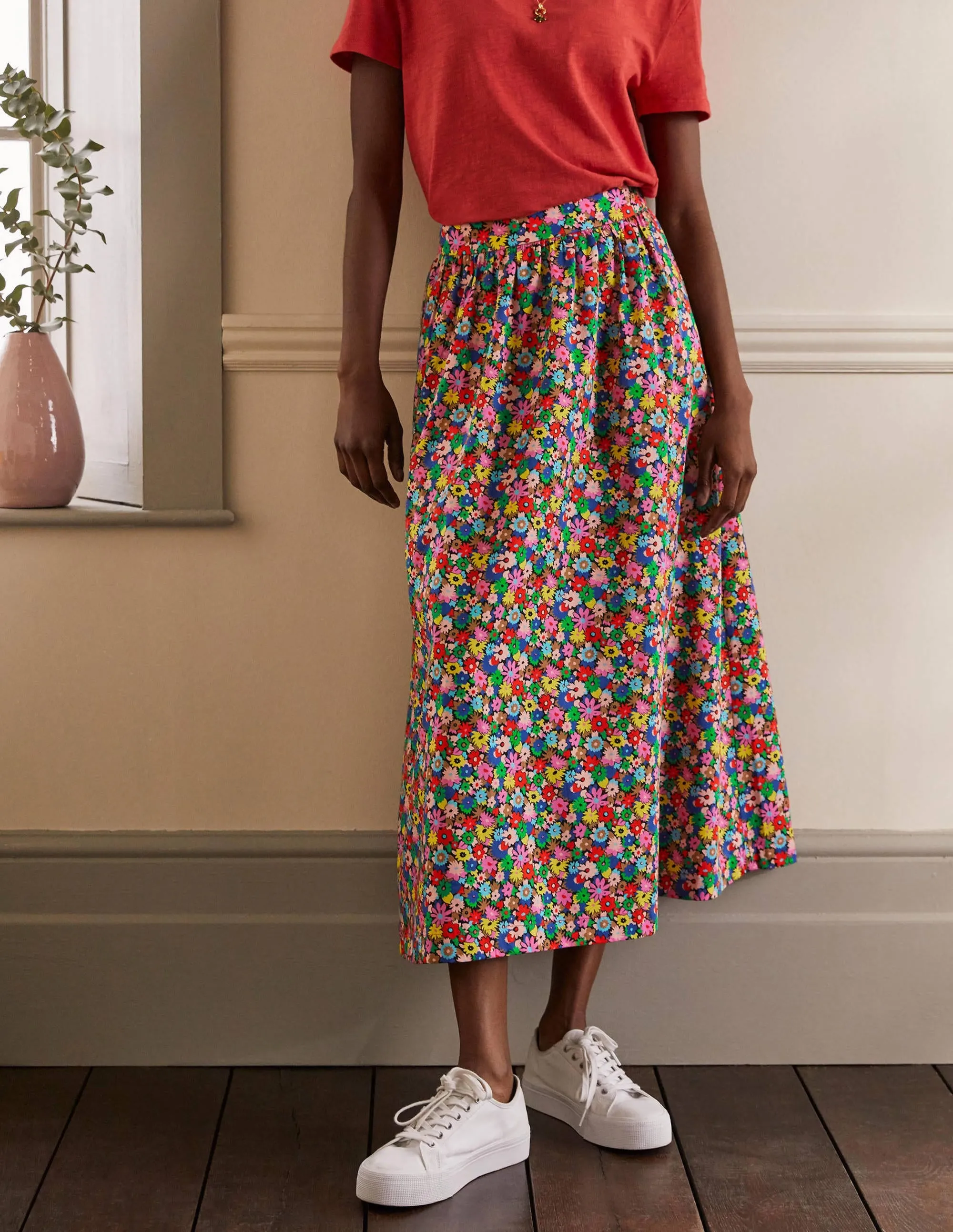 Cotton Sateen Skirt-Cherry Red, Paintbox Ditsy