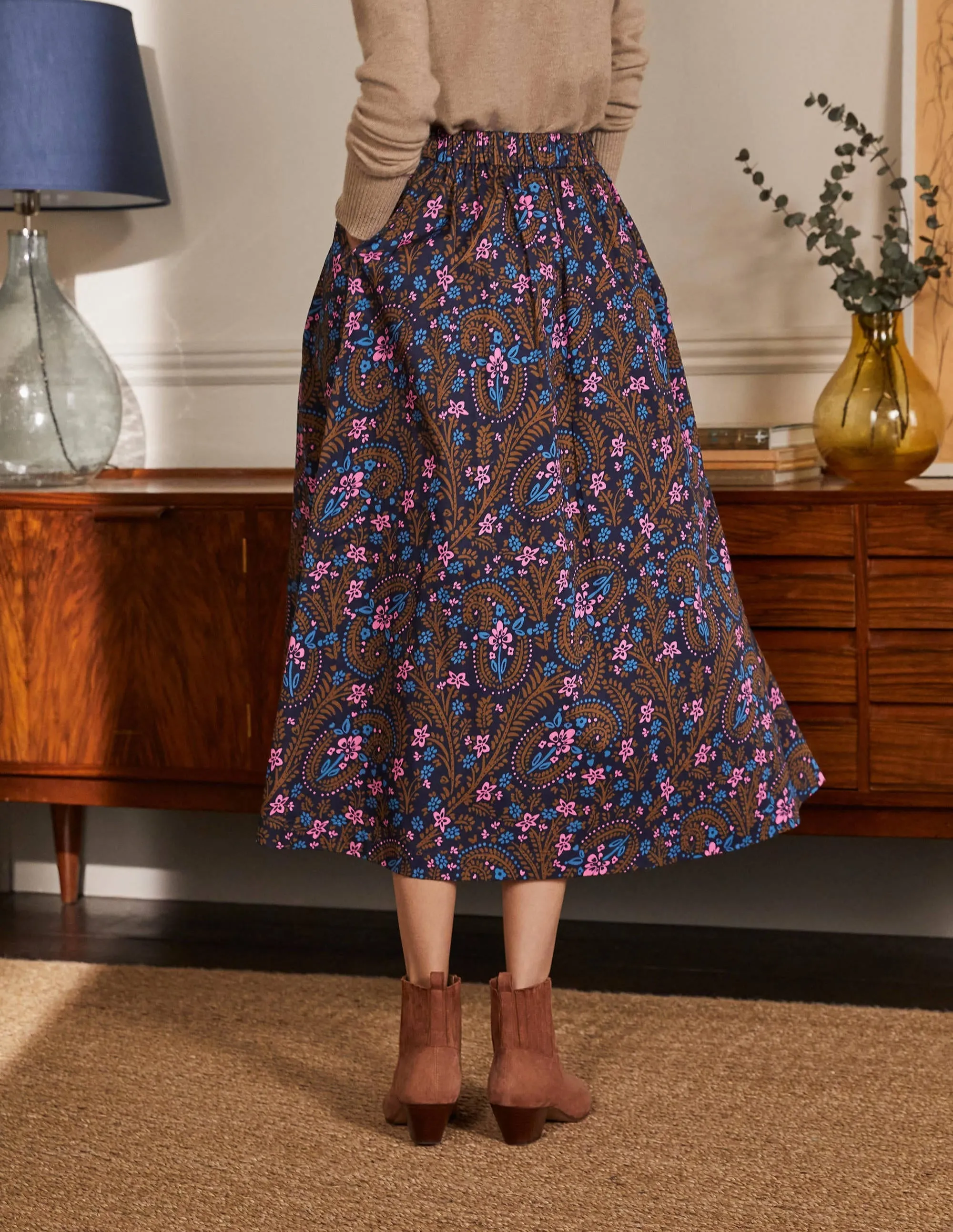 Cotton Sateen Skirt-French Navy, Floral Paisley
