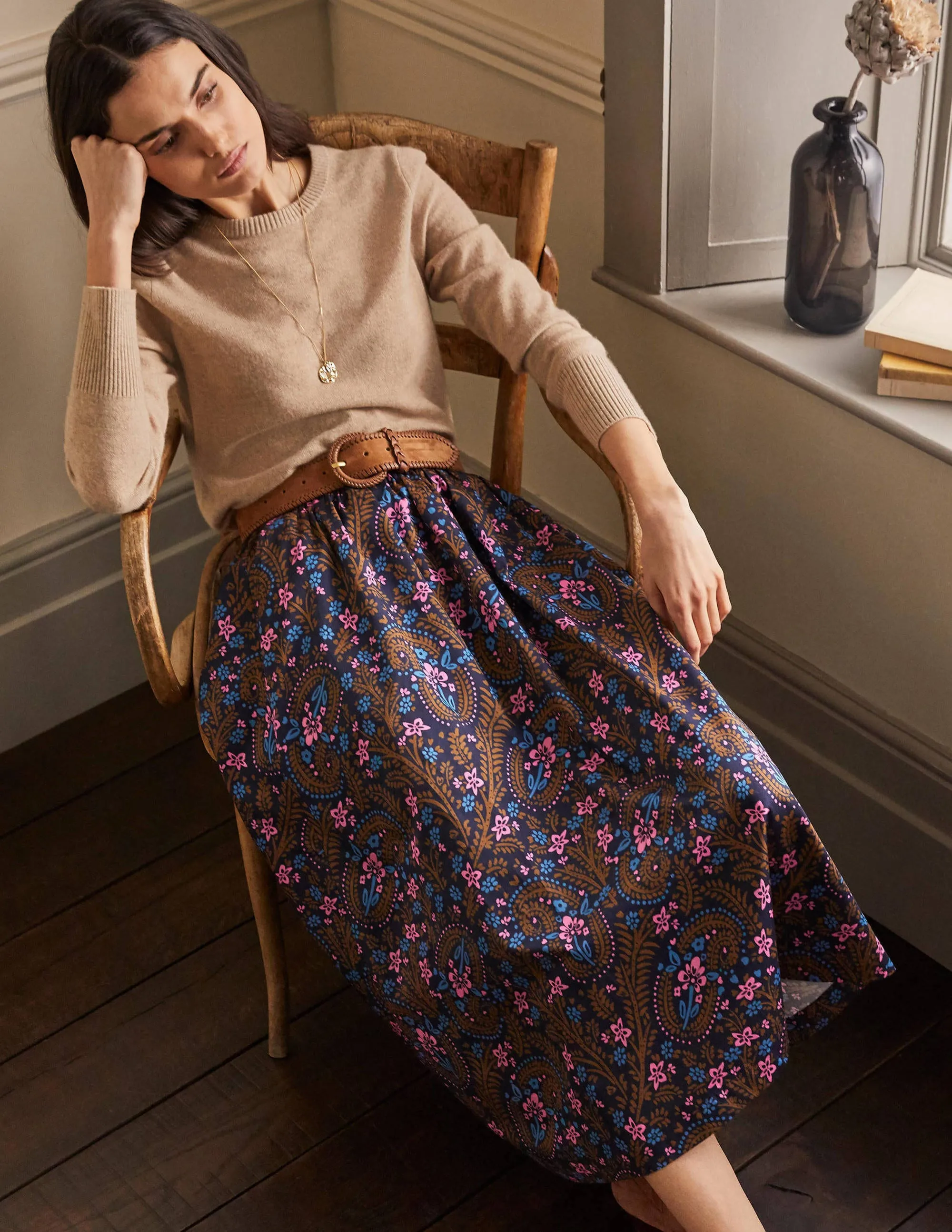 Cotton Sateen Skirt-French Navy, Floral Paisley
