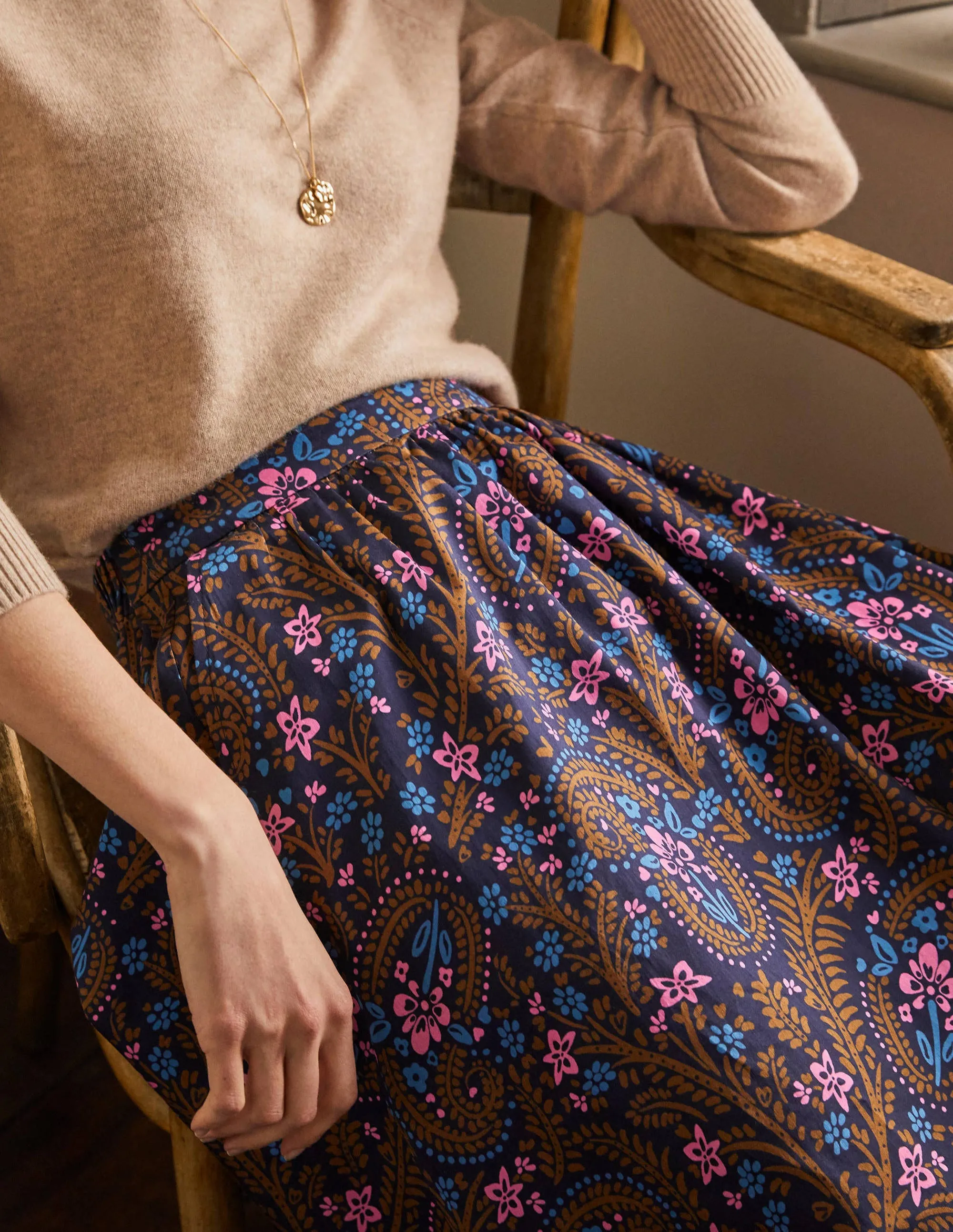 Cotton Sateen Skirt-French Navy, Floral Paisley