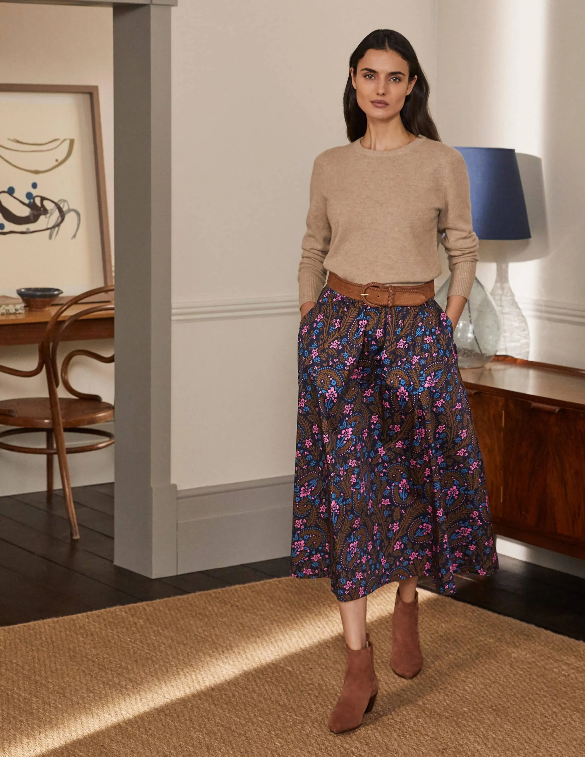 Cotton Sateen Skirt-French Navy, Floral Paisley