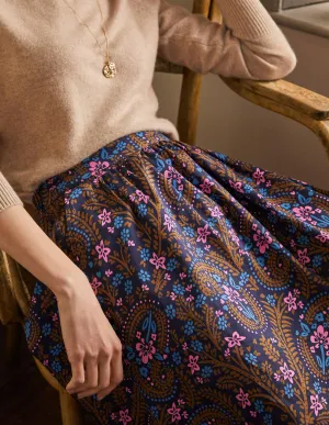 Cotton Sateen Skirt-French Navy, Floral Paisley
